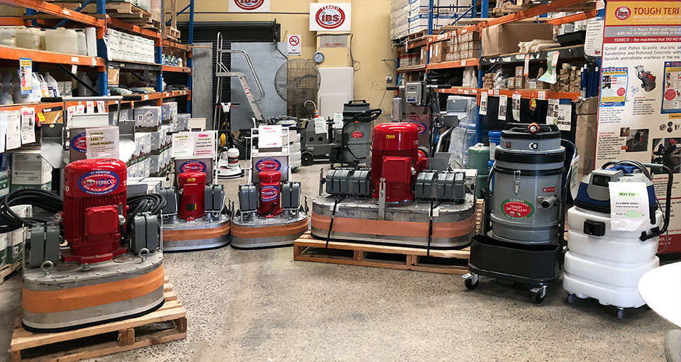 Concrete polishing machinery and products at IBS warehouse