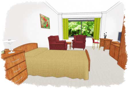 Bedroom interior showing furniture and window