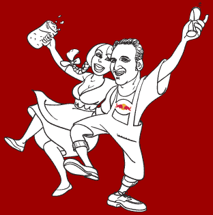 Man in lederhosen dancing with Oktoberfest beer maiden